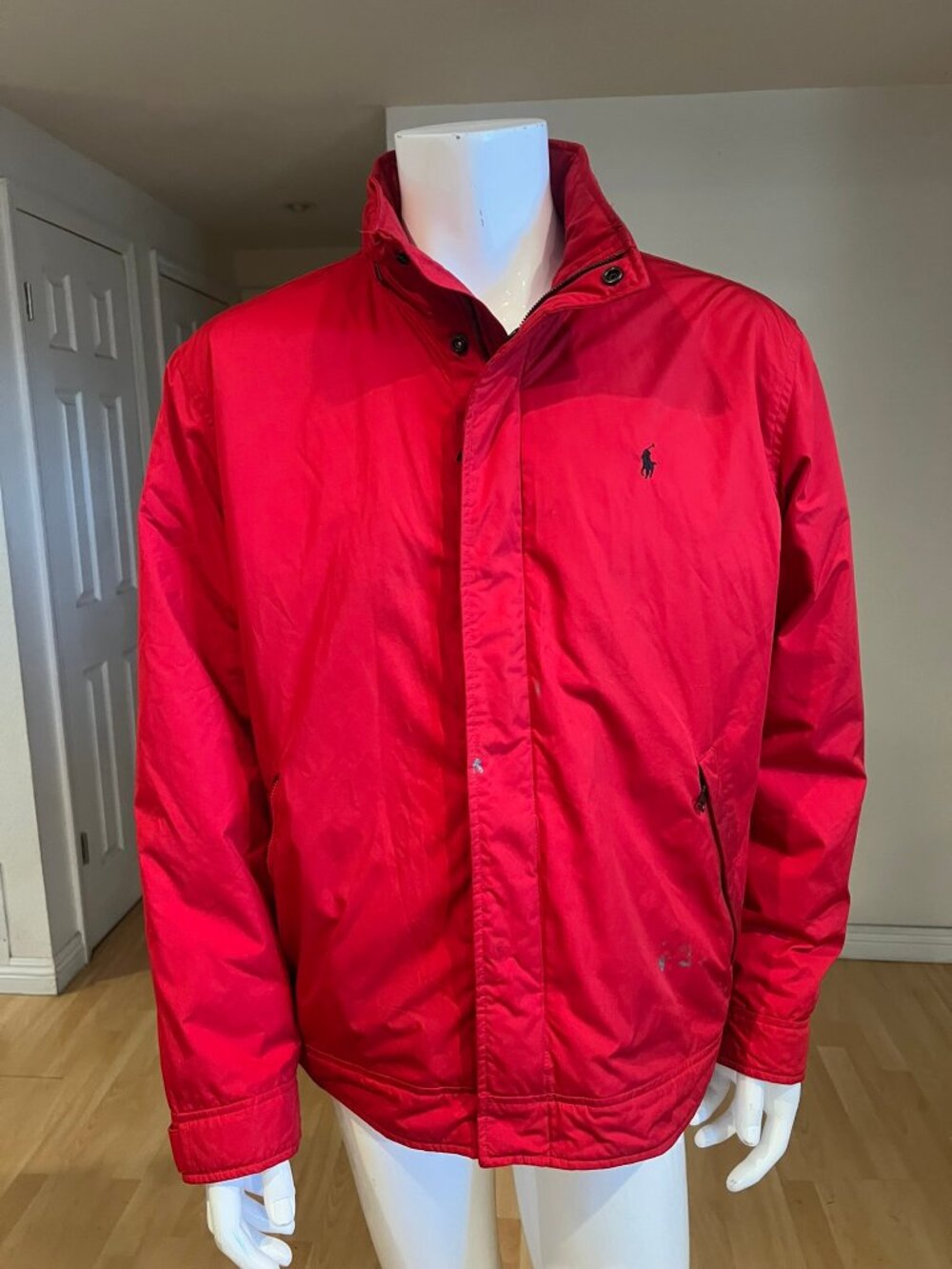 90'S VINTAGE MENS POLO RALPH LAUREN FLEECE LINED JACKET W/ HOOD SZ XLARGE RED